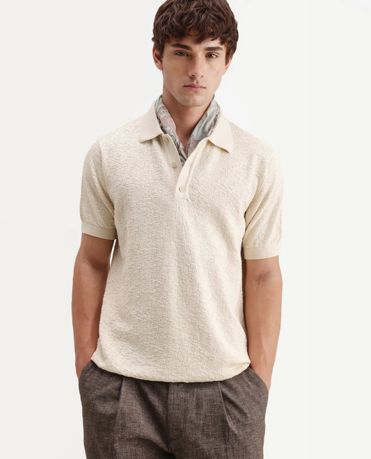 Rare Rabbit Men's Mont Off White Cotton Spread Collar Button Closure Regular Fit Textured Polo