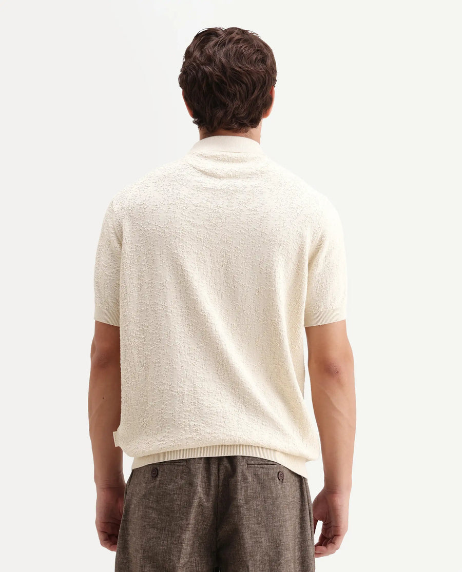 Rare Rabbit Men's Mont Off White Cotton Spread Collar Button Closure Regular Fit Textured Polo