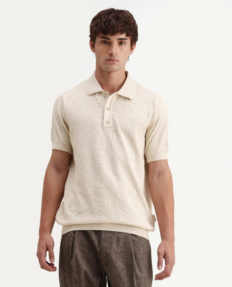 Rare Rabbit Men's Mont Off White Cotton Spread Collar Button Closure Regular Fit Textured Polo