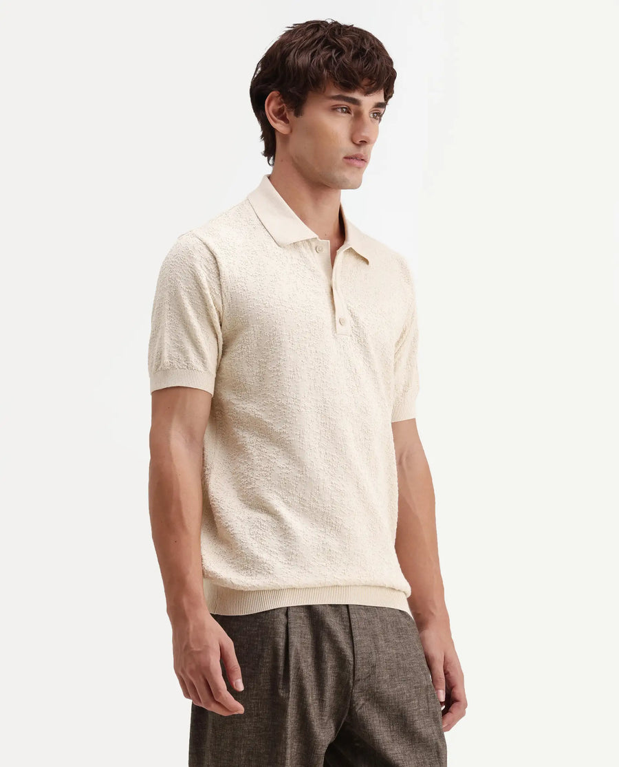 Rare Rabbit Men's Mont Off White Cotton Spread Collar Button Closure Regular Fit Textured Polo