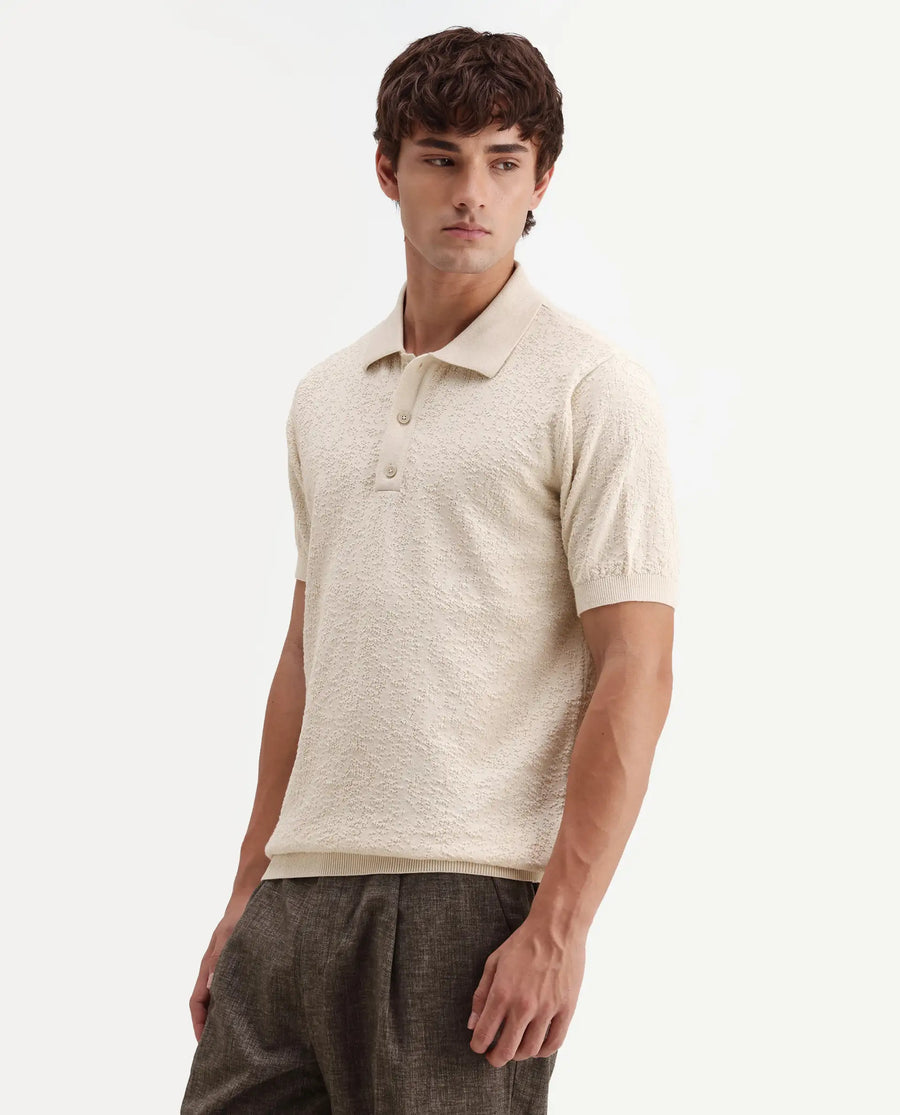 Rare Rabbit Men's Mont Off White Cotton Spread Collar Button Closure Regular Fit Textured Polo