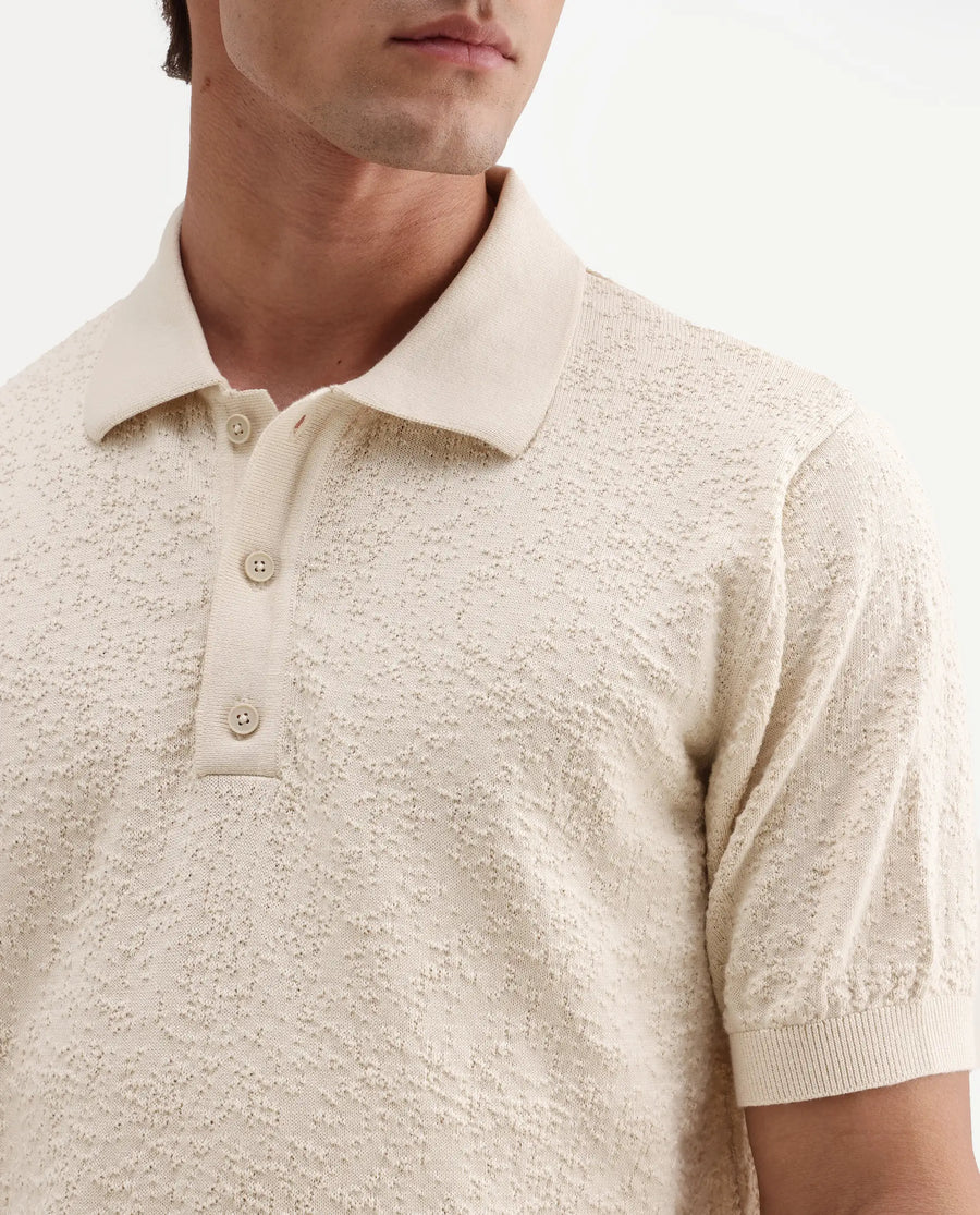 Rare Rabbit Men's Mont Off White Cotton Spread Collar Button Closure Regular Fit Textured Polo
