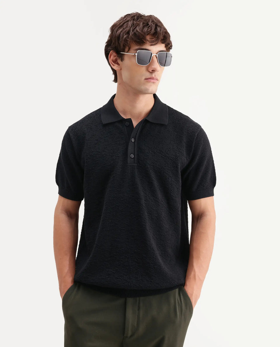 Rare Rabbit Men's Mont Black Cotton Spread Collar Button Closure Regular Fit Textured Polo