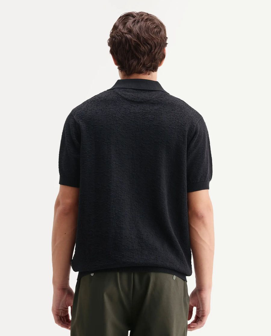 Rare Rabbit Men's Mont Black Cotton Spread Collar Button Closure Regular Fit Textured Polo