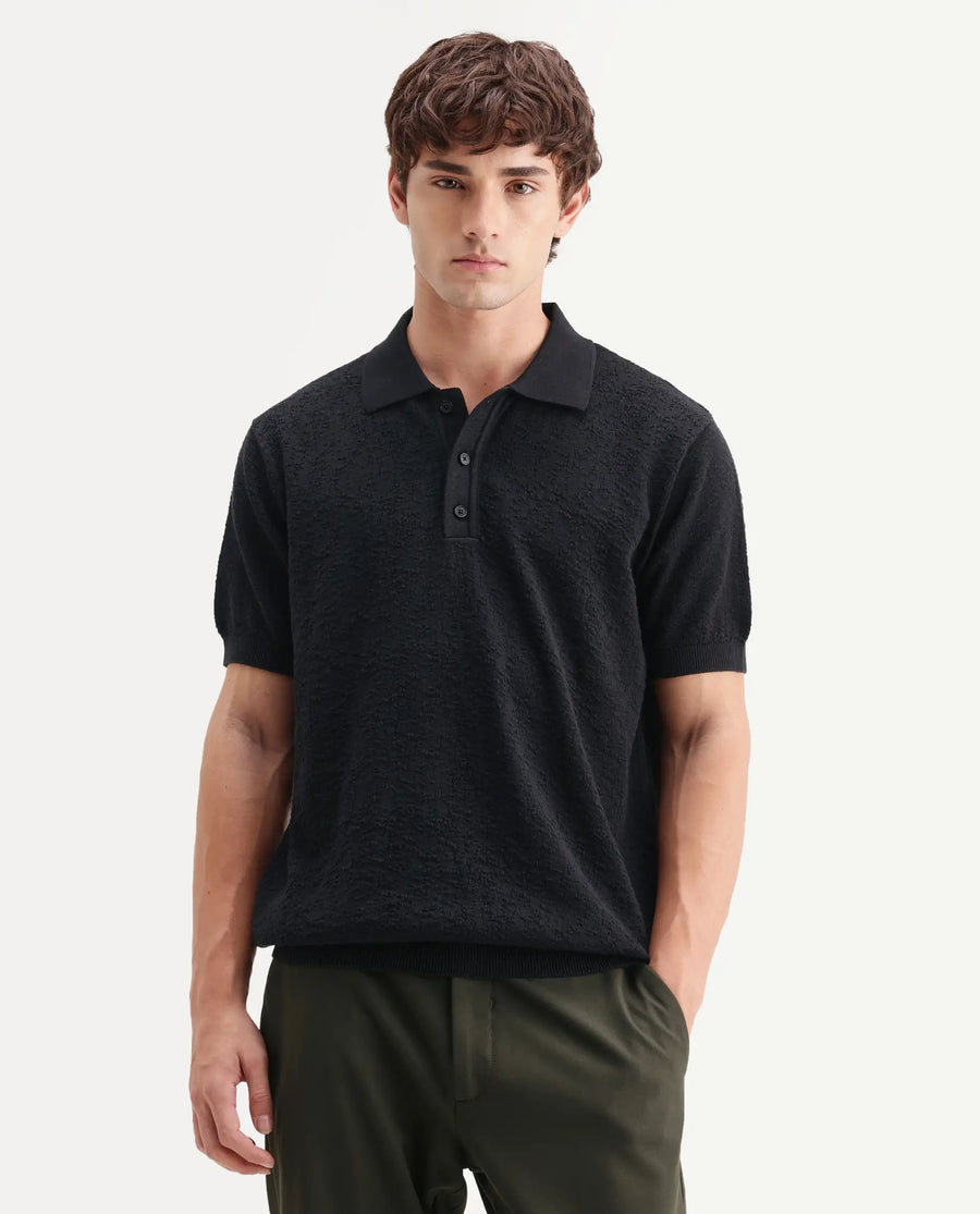 Rare Rabbit Men's Mont Black Cotton Spread Collar Button Closure Regular Fit Textured Polo
