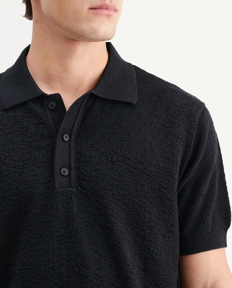 Rare Rabbit Men's Mont Black Cotton Spread Collar Button Closure Regular Fit Textured Polo