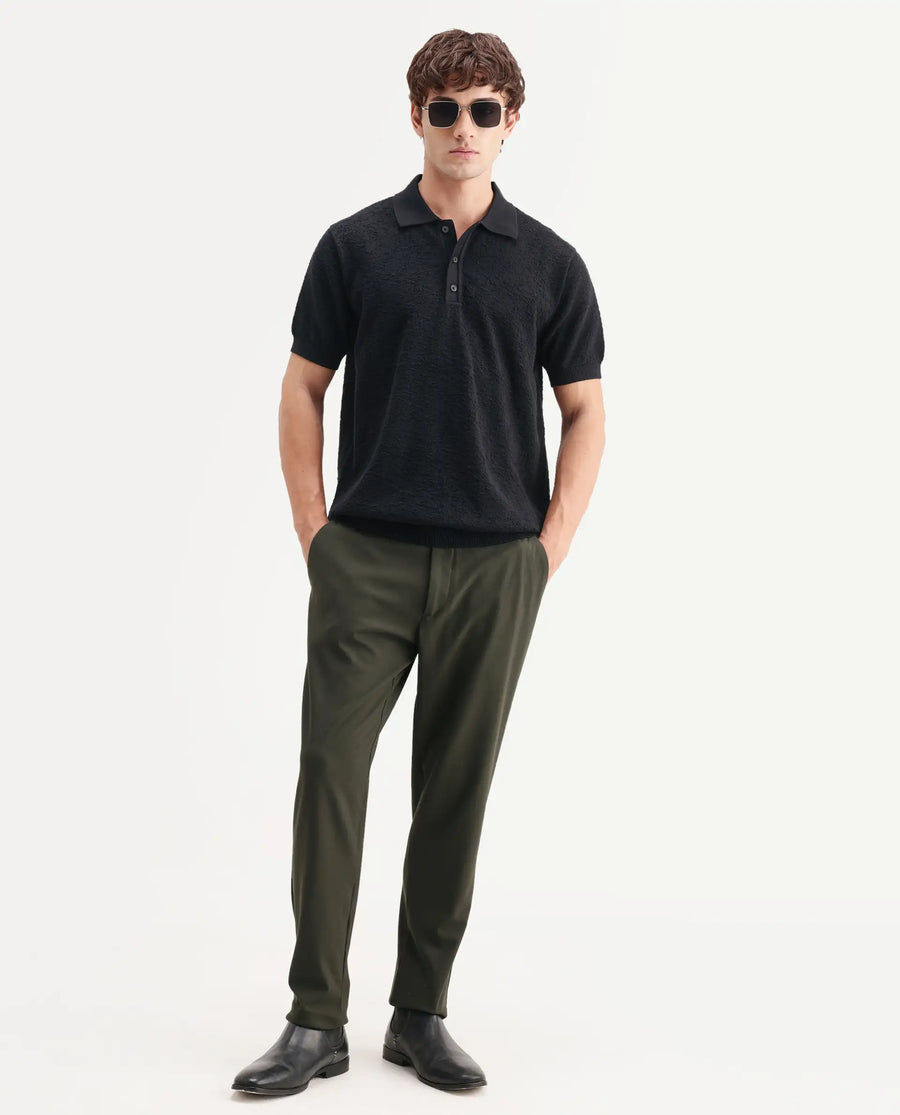 Rare Rabbit Men's Mont Black Cotton Spread Collar Button Closure Regular Fit Textured Polo