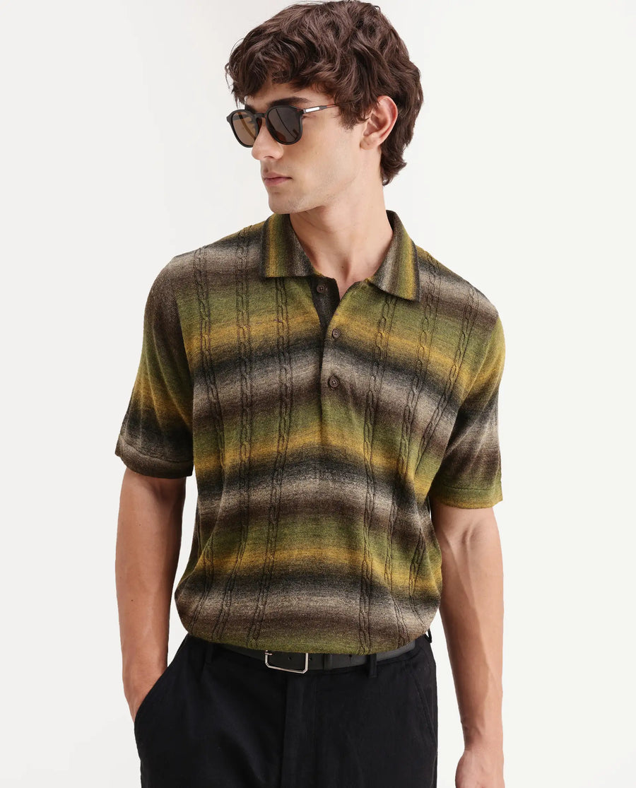 Rare Rabbit Men's Grao Multi-1 Cotton Spread Collar Button Regular Fit Striped Polo