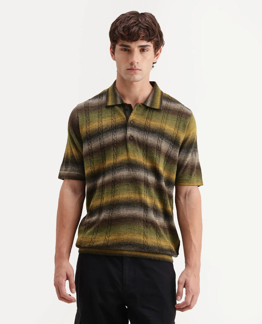 Rare Rabbit Men's Grao Multi-1 Cotton Spread Collar Button Regular Fit Striped Polo