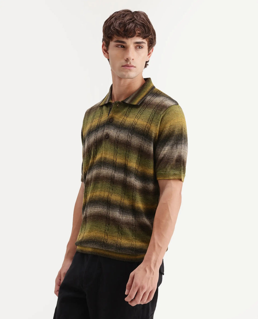 Rare Rabbit Men's Grao Multi-1 Cotton Spread Collar Button Regular Fit Striped Polo