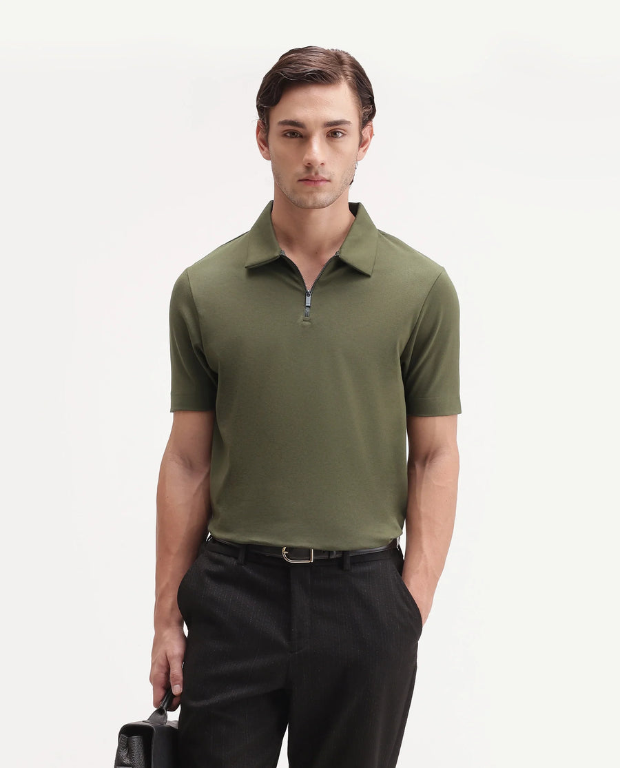 Rare Rabbit Men's Basic Rr-Corp-Cove Dark Olive Cotton Blend Spread Collar Regular Plain Polo