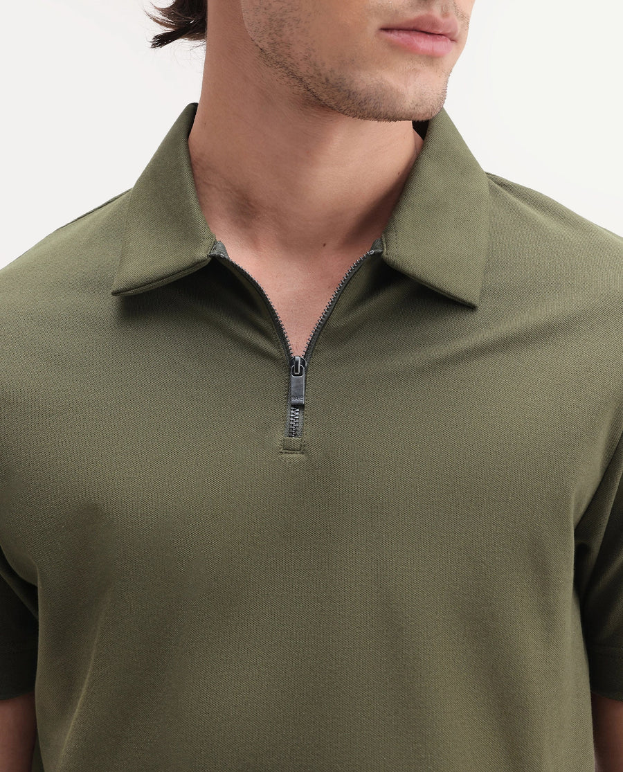 Rare Rabbit Men's Basic Rr-Corp-Cove Dark Olive Cotton Blend Spread Collar Regular Plain Polo