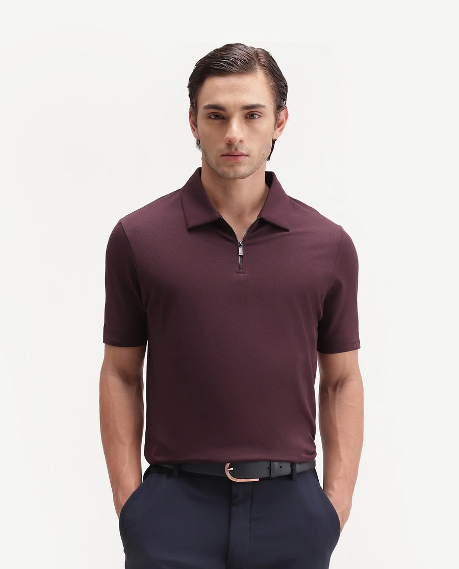 Rare Rabbit Men's Basic Rr-Corp-Cove Maroon Cotton Blend Spread Collar Regular Plain Polo