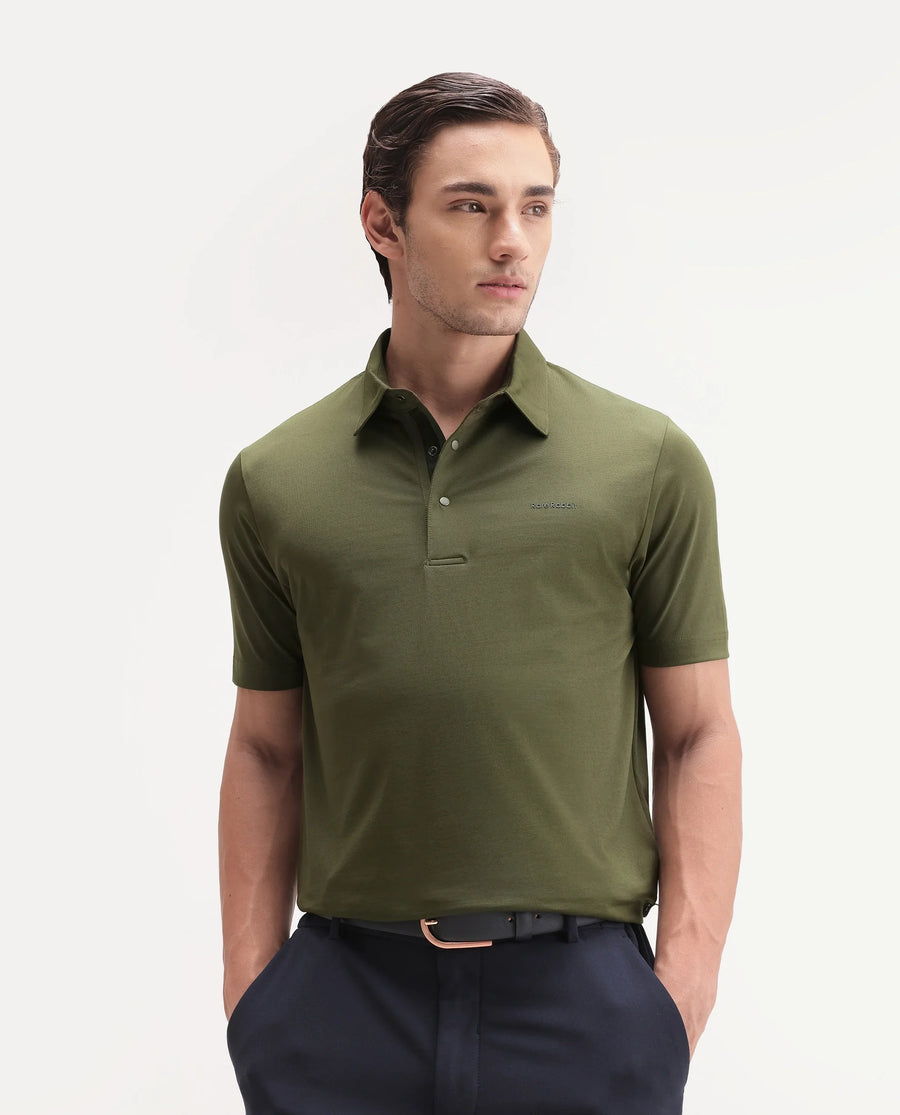 Rare Rabbit Men's Basic Rr-Corp-Mero Olive Cotton Blend Spread Collar Regular Plain Polo