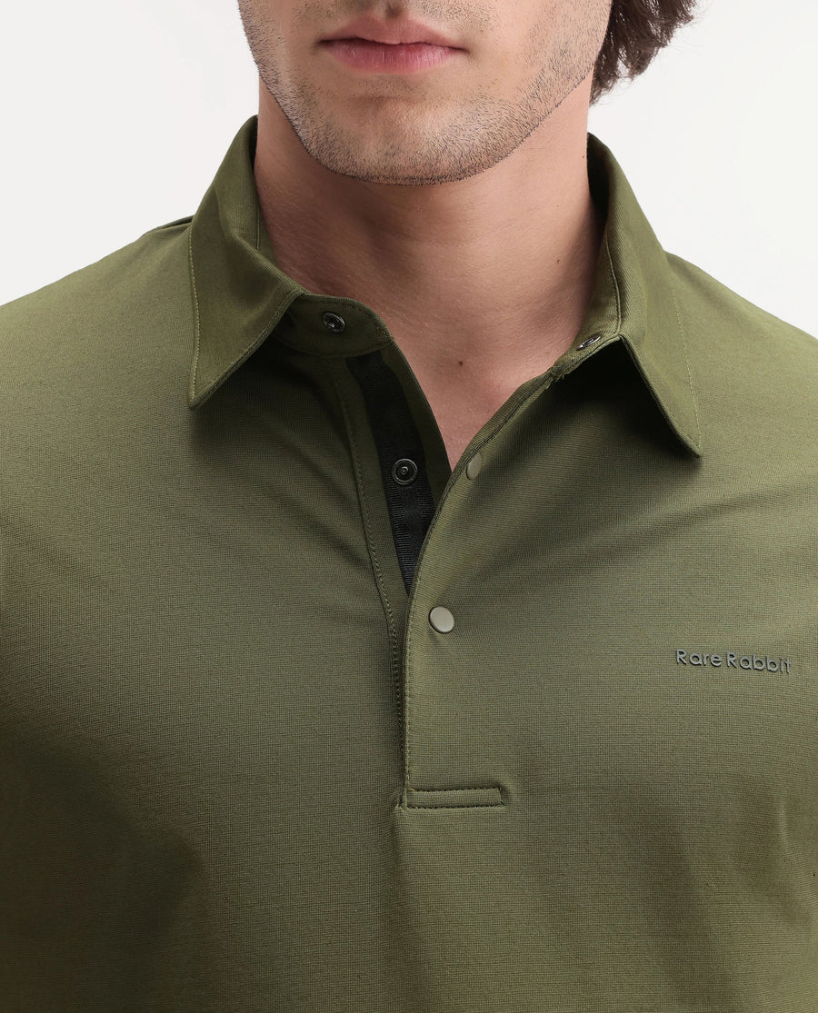 Rare Rabbit Men's Basic Rr-Corp-Mero Olive Cotton Blend Spread Collar Regular Plain Polo