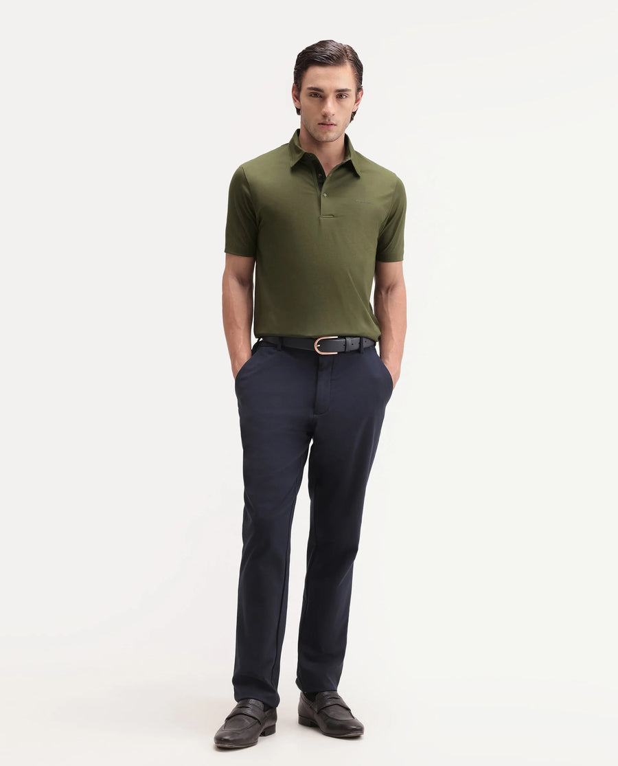 Rare Rabbit Men's Basic Rr-Corp-Mero Olive Cotton Blend Spread Collar Regular Plain Polo