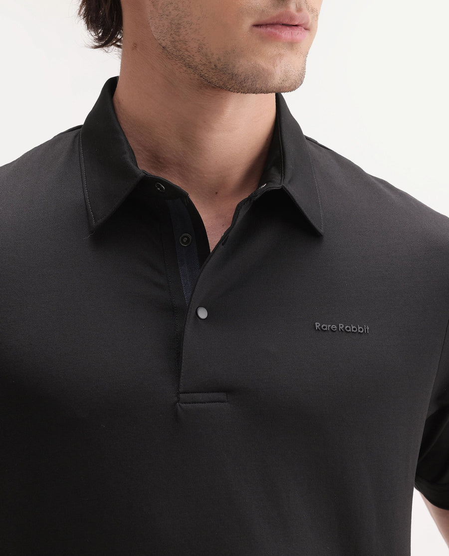 Rare Rabbit Men's Basic Rr-Corp-Mero Black Cotton Blend Spread Collar Regular Plain Polo