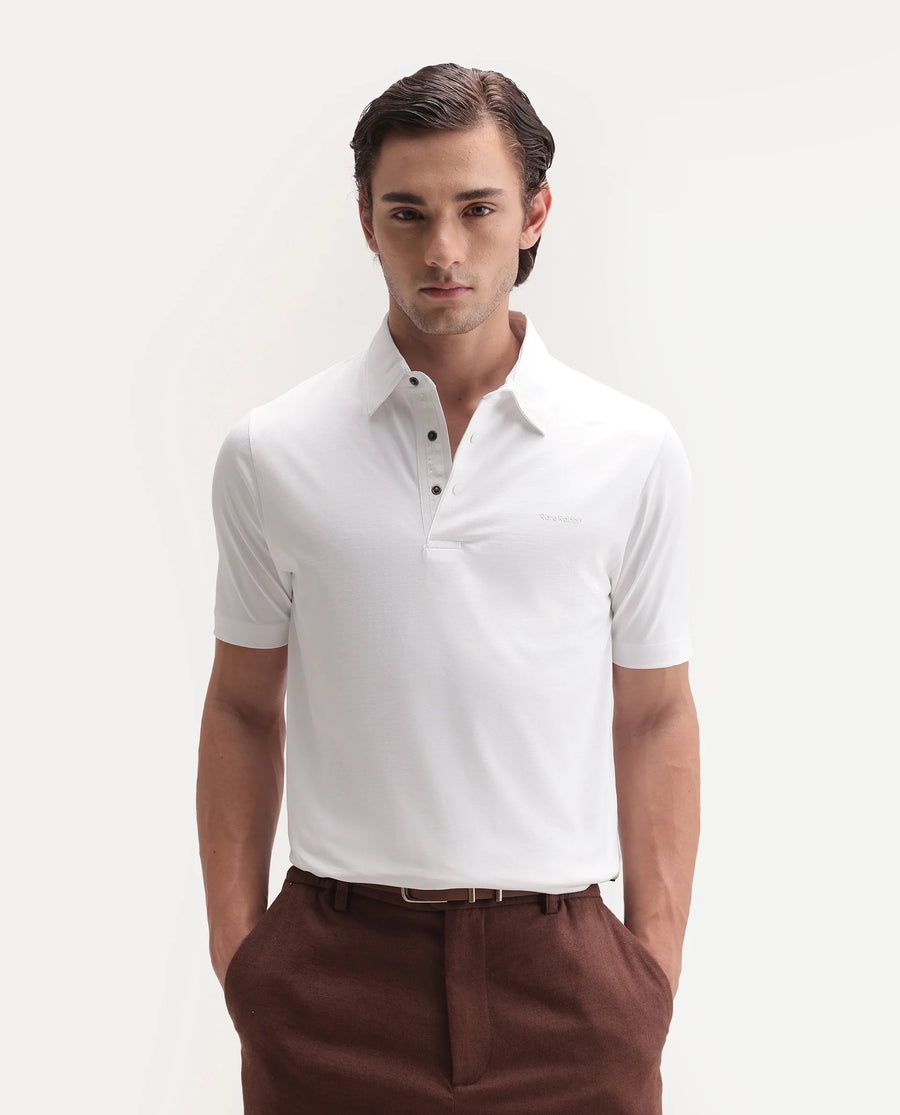 Rare Rabbit Men's Basic Rr-Corp-Mero White Cotton Blend Spread Collar Regular Plain Polo