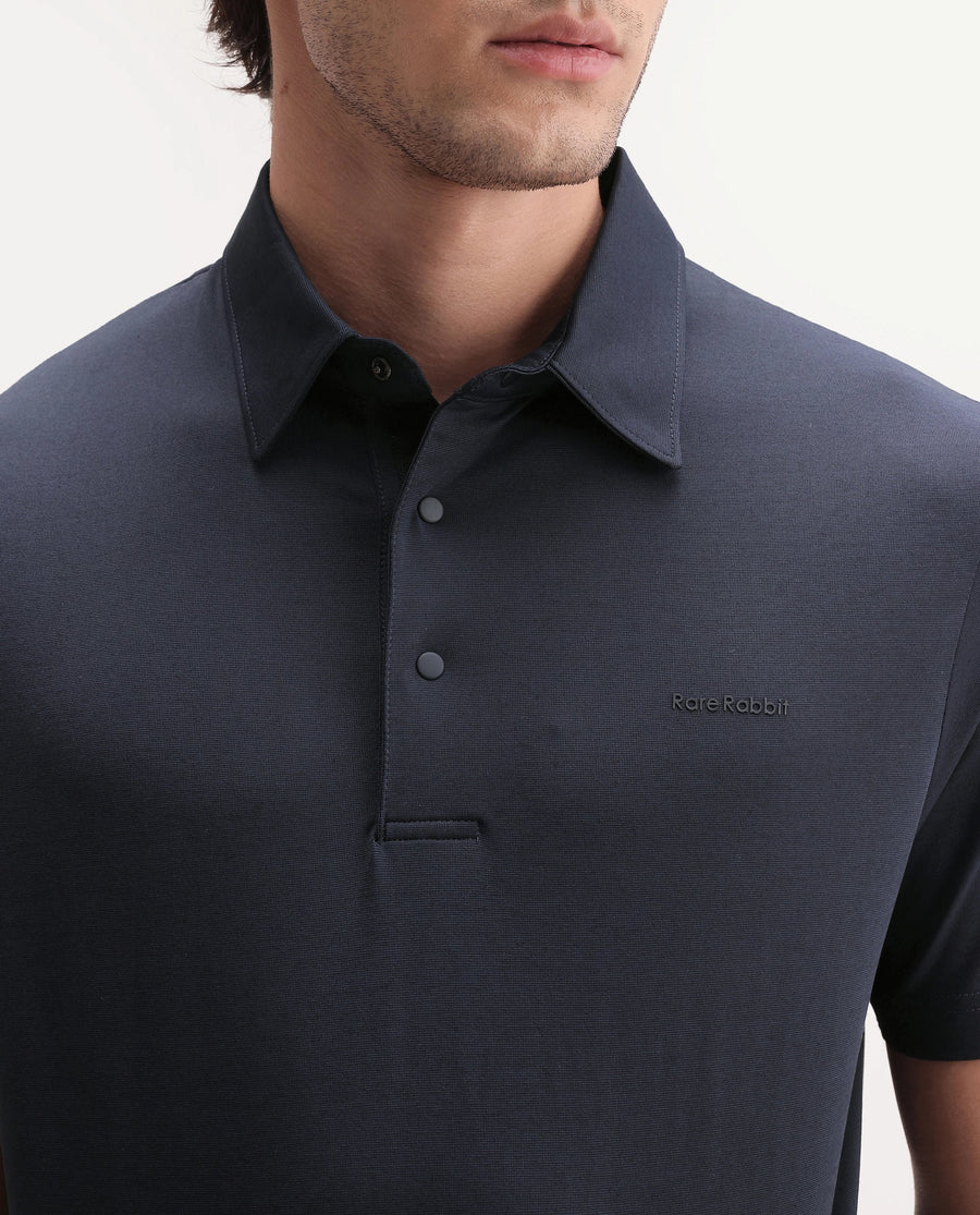 Rare Rabbit Men's Basic Rr-Corp-Mero Navy Cotton Blend Spread Collar Regular Plain Polo
