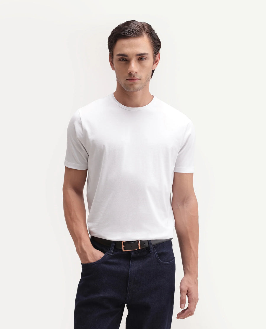 Rare Rabbit Men's Basic Rr-Corp-Rein White Cotton Blend Crew Neck Regular Plain T-Shirt