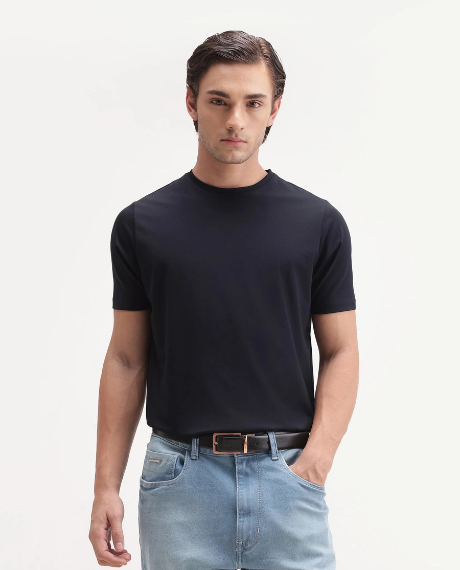 Rare Rabbit Men's Basic Rr-Corp-Rein Navy Cotton Blend Crew Neck Regular Plain T-Shirt