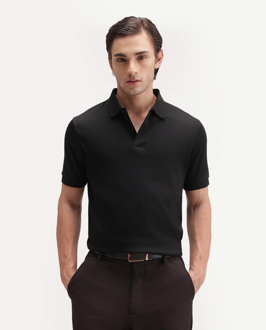 Rare Rabbit Men's Basic Rr-Corp-Tove Black Cotton Spread Collar Regular Plain Polo