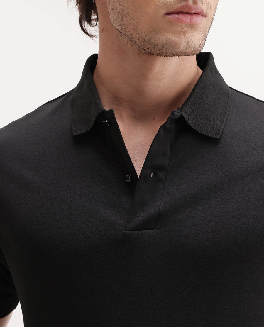 Rare Rabbit Men's Basic Rr-Corp-Tove Black Cotton Spread Collar Regular Plain Polo