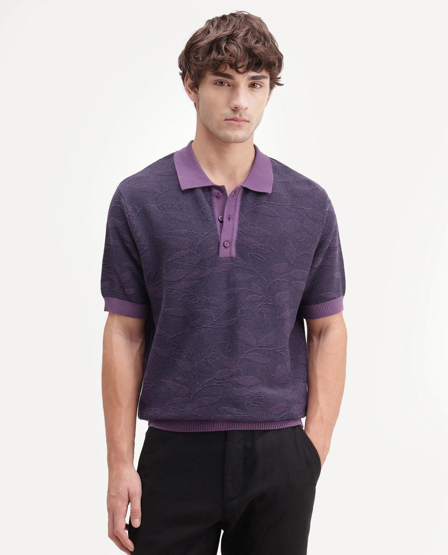 Rare Rabbit Men's Gera Purple Cotton Spread Collar Button Regular Fit Jacquard Print Polo