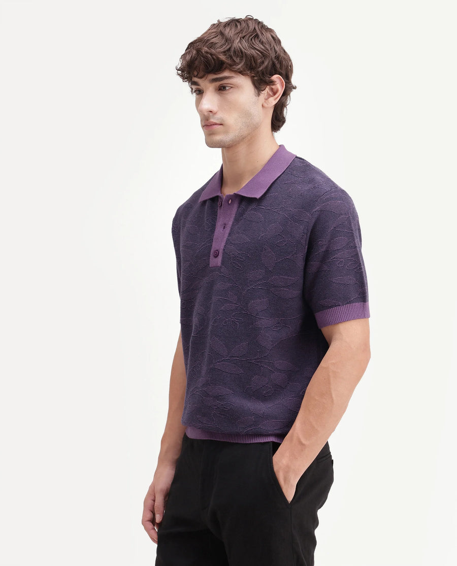 Rare Rabbit Men's Gera Purple Cotton Spread Collar Button Regular Fit Jacquard Print Polo