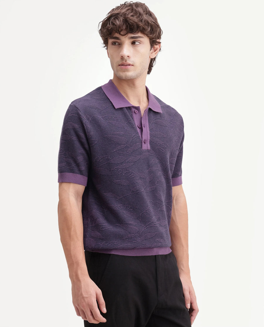 Rare Rabbit Men's Gera Purple Cotton Spread Collar Button Regular Fit Jacquard Print Polo