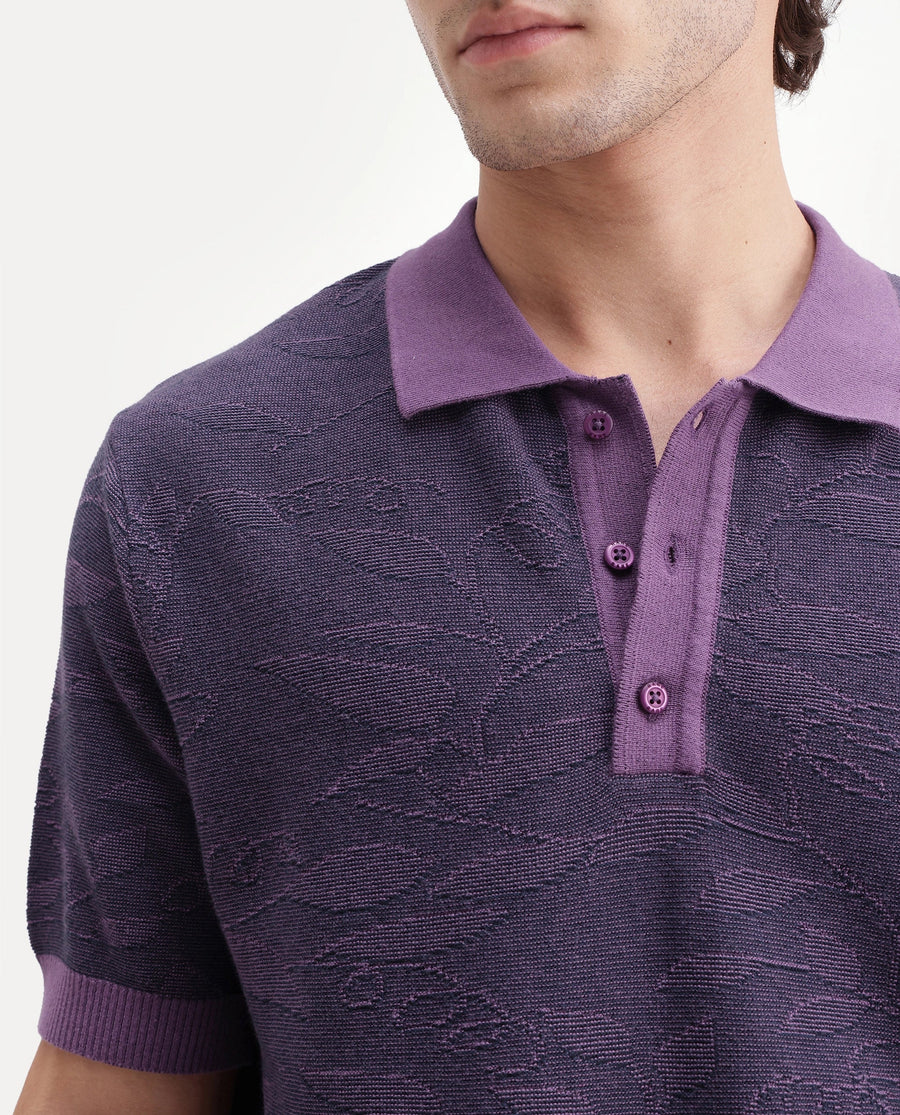 Rare Rabbit Men's Gera Purple Cotton Spread Collar Button Regular Fit Jacquard Print Polo