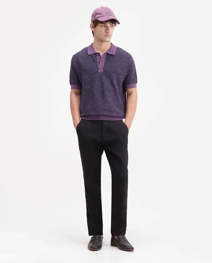 Rare Rabbit Men's Gera Purple Cotton Spread Collar Button Regular Fit Jacquard Print Polo
