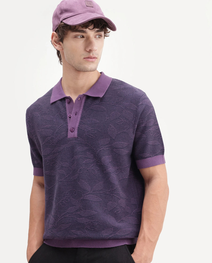 Rare Rabbit Men's Gera Purple Cotton Spread Collar Button Regular Fit Jacquard Print Polo