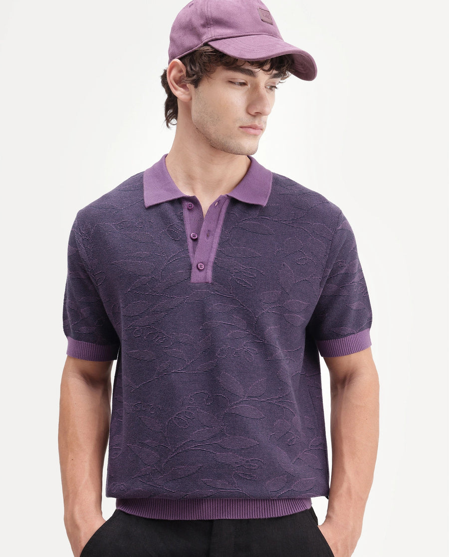 Rare Rabbit Men's Gera Purple Cotton Spread Collar Button Regular Fit Jacquard Print Polo