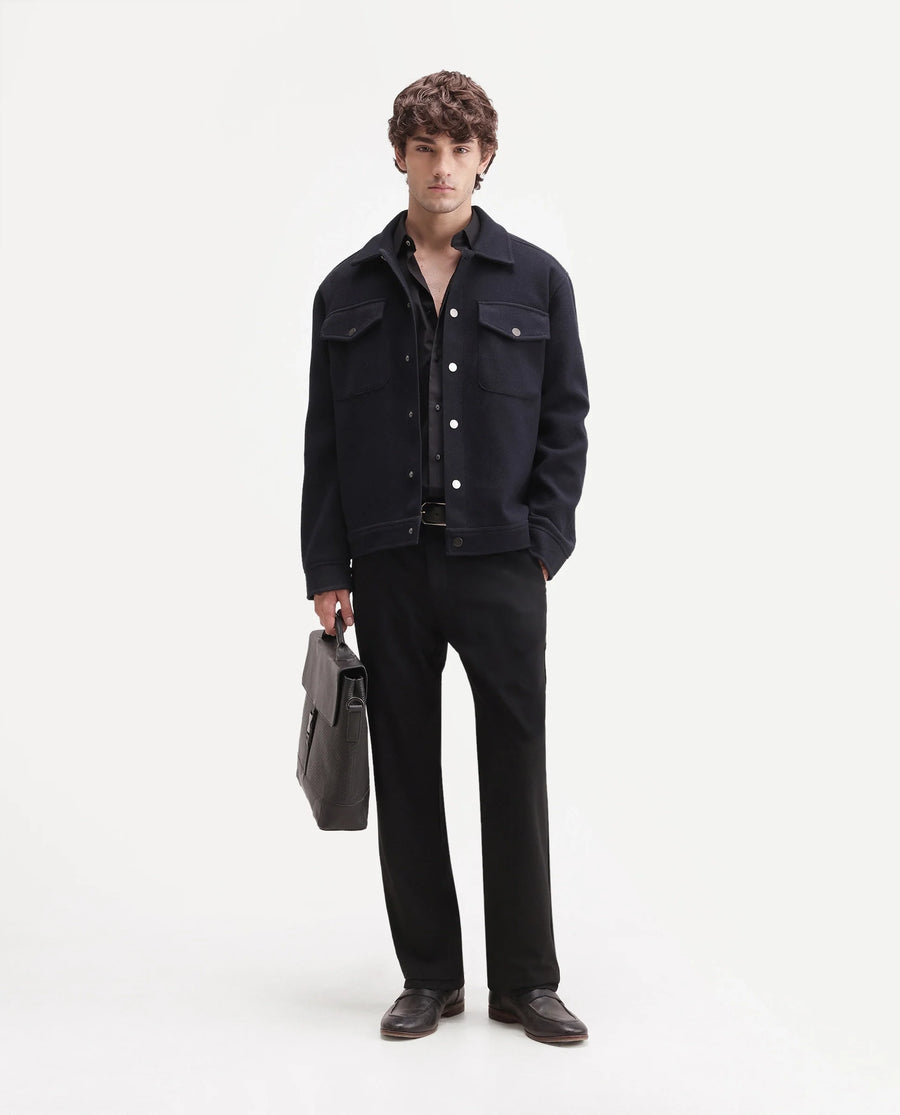 Rare Rabbit Men's Travel-W-Aw26 Black Polyester Blend Button And Zip Regular Plain Trouser