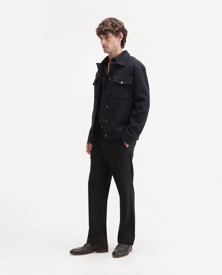 Rare Rabbit Men's Travel-W-Aw26 Black Polyester Blend Button And Zip Regular Plain Trouser