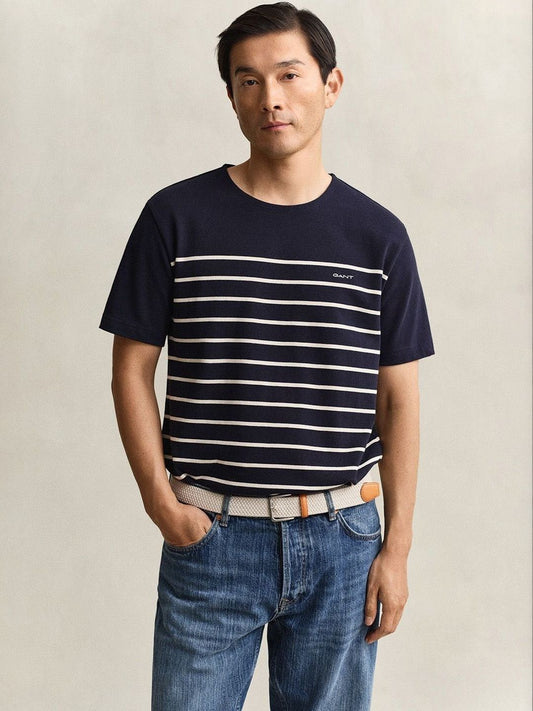 Gant Men Navy Blue Striped Regular Fit Pure Cotton T-Shirt