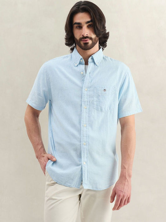 Gant Men Blue Solid Regular Fit Cotton Linen Shirt