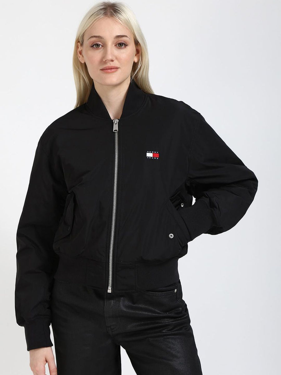 Tommy Hilfiger Women Stand Collar Solid Casual Bomber Jacket