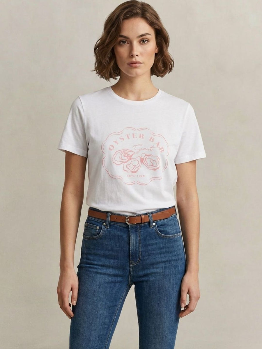 Gant Women White Graphic Print Regular Fit Pure Cotton T-Shirt