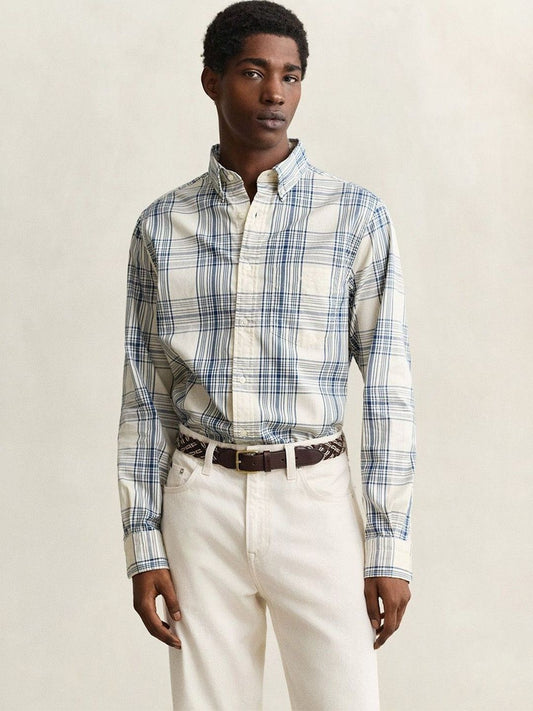 Gant Men Cream Checked Regular Fit Oxford Check Shirt