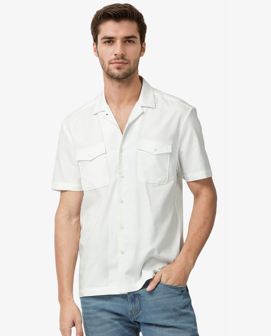 Rare Rabbit Men's Salford White Cotton Plain Regular Fit Half Sleeve Cuban Collar Shirt