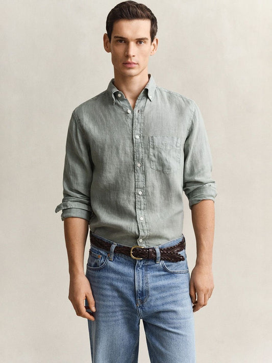 Gant Men Grey Solid Regular Fit Pure Linen Shirt