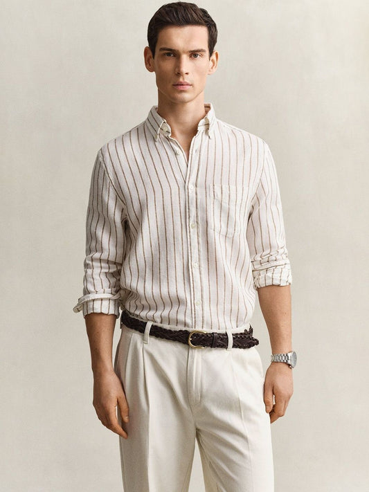 Gant Men Cream Striped Regular Fit Linen Shirt