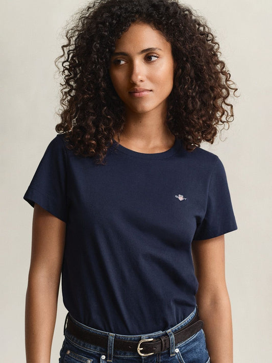 Gant Women Navy Blue Solid Regular Fit Shield T-Shirt