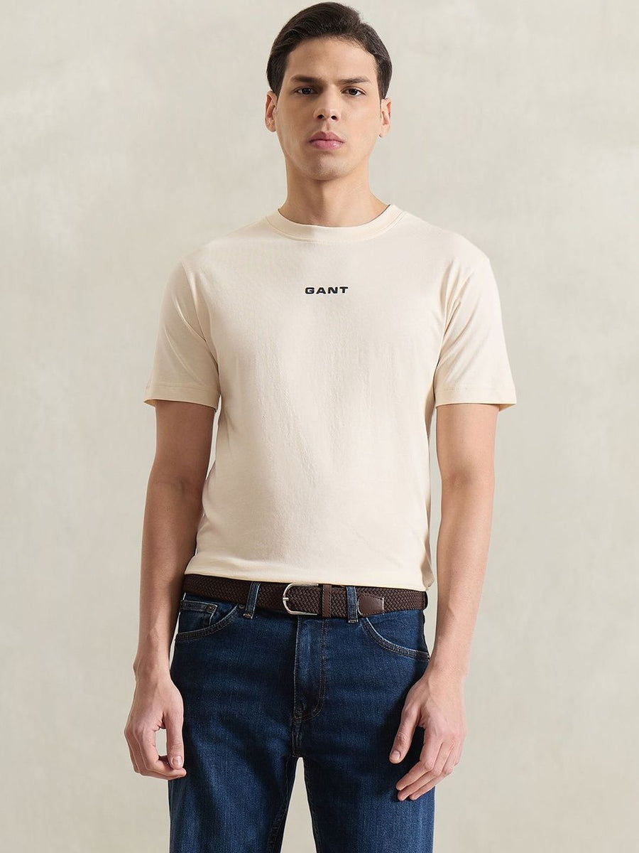 Gant Men Cream Solid Regular Fit Pure Cotton T-Shirt