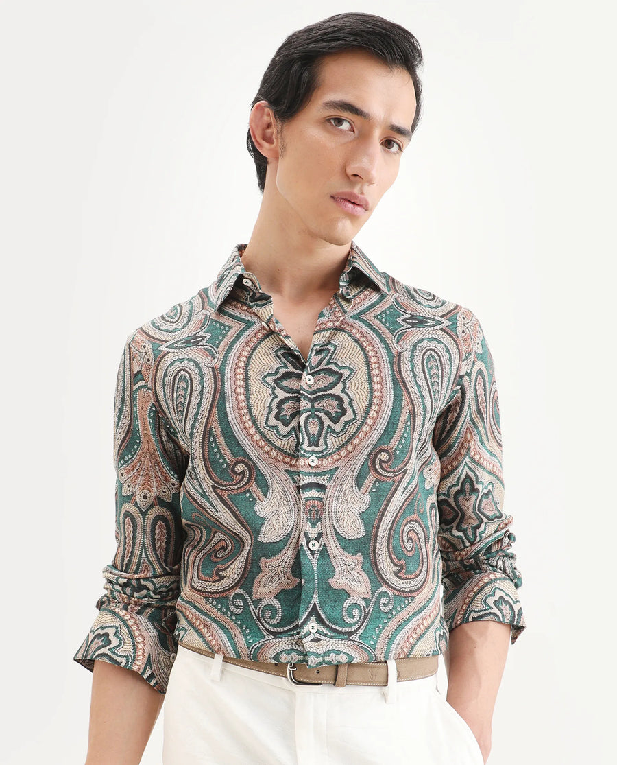 Rare Rabbit Men's Abro Dusky Green Linen Blend Fabric Full Sleeve Spread Collar Regular Fit Paisley Print Shirt