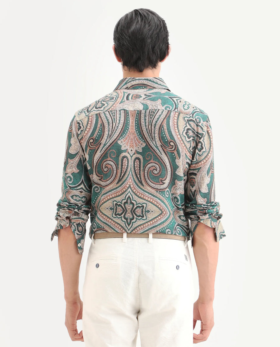 Rare Rabbit Men's Abro Dusky Green Linen Blend Fabric Full Sleeve Spread Collar Regular Fit Paisley Print Shirt