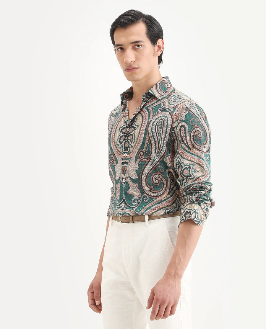 Rare Rabbit Men's Abro Dusky Green Linen Blend Fabric Full Sleeve Spread Collar Regular Fit Paisley Print Shirt