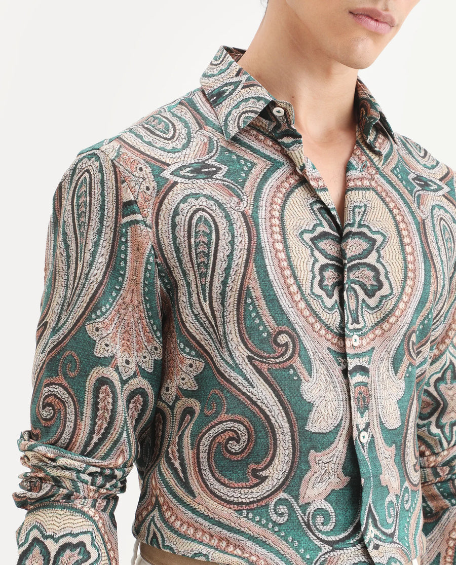 Rare Rabbit Men's Abro Dusky Green Linen Blend Fabric Full Sleeve Spread Collar Regular Fit Paisley Print Shirt